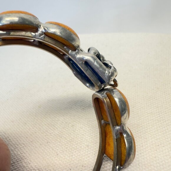 Handmade Vintage Hinged Bangle Bracelet Silver-Tone Boho Tan Blue Floral - Picture 9 of 10